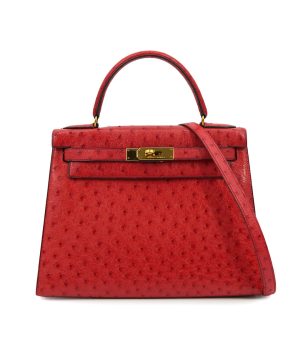 HERMES KELLY 28 SELLIER ROUGE VIF OSTRICH HAND SHOULDER BAG 1989 CIRCLE S GOLD HARDWARE SAB0001