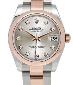Rolex New Style Datejust Midsize Rose Gold Factory Smooth Bezel Silver Diamond 178241