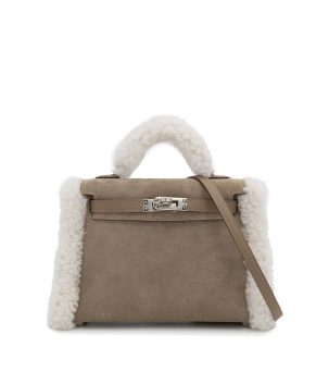 HERMES MINI KELLY 20 TEDDY PLUCH GRIS CAILLOU ECRU ETOUPE GRIZZLY MOUTON VEAU SWIFT HAND SHOULDER BAG 2025 K STAMP PALLADIUM HARDWARE 90318739