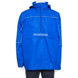 Balenciaga Blue Synthetic Logo Embroidered Oversized Wind Breaker Hoodie XS