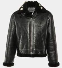 Balenciaga Black Texture Leather & Logo Shearling Jacket XL