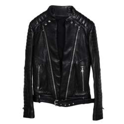 Balmain Black Leather Front Open Belted Waist Detail Moto Biker Jacket S