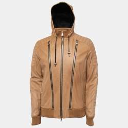 Balmain Beige Lambskin Leather Hooded Jacket 2XL
