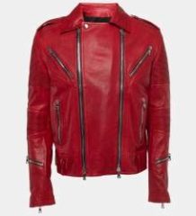 Balmain Red Distressed Leather Moto Biker Jacket L