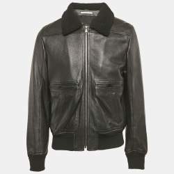 Saint Laurent Paris Black Shearling Trim Leather Jacket XL