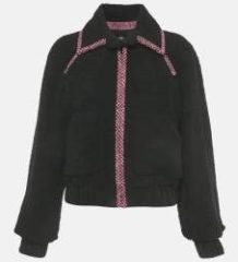 Chanel Black Logo Embroidered Shearling Zip-Up Jacket S Chanel Black Logo Embroidered Shearling Zip-Up Jacket S