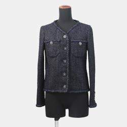 CHANEL Lion Button Collarless Jacket 34 Navy Tweed Outerwear